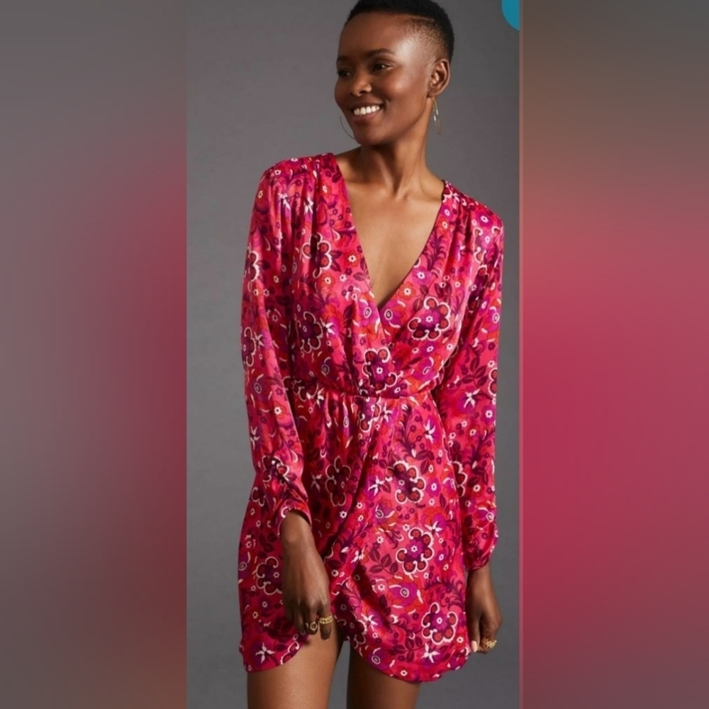 Maeve by Anthropologie Wrap Dress Pink Floral Long Sleeve